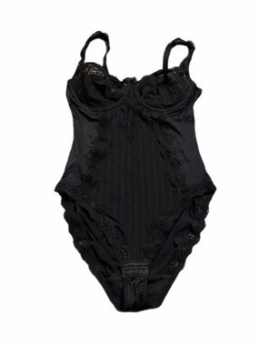 80s/90s European Vintage Marie Jo Lace Pinstripe Bodysuit (Black) Size M